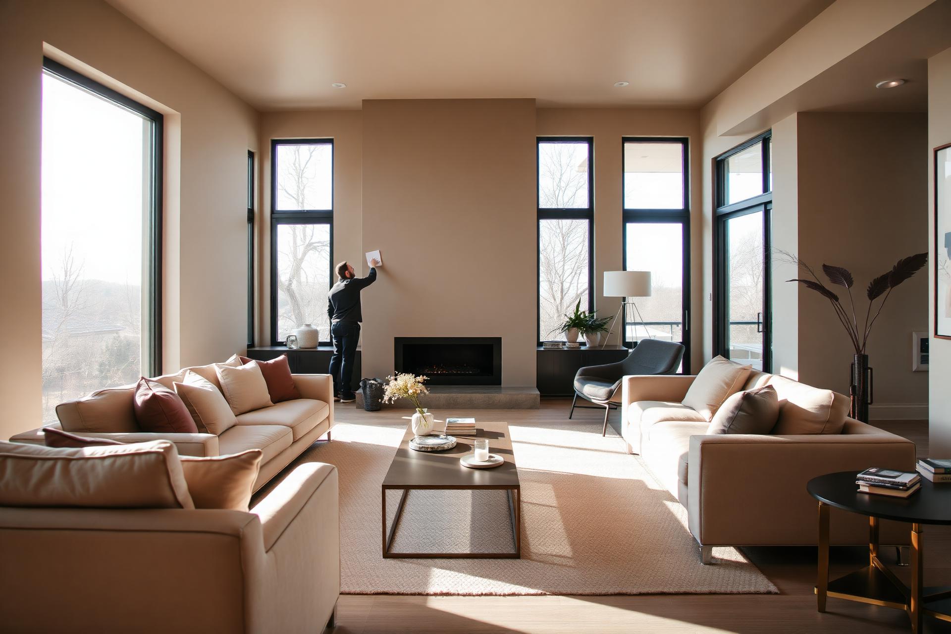 Freshly painted modern living room interior in warm neutral tones